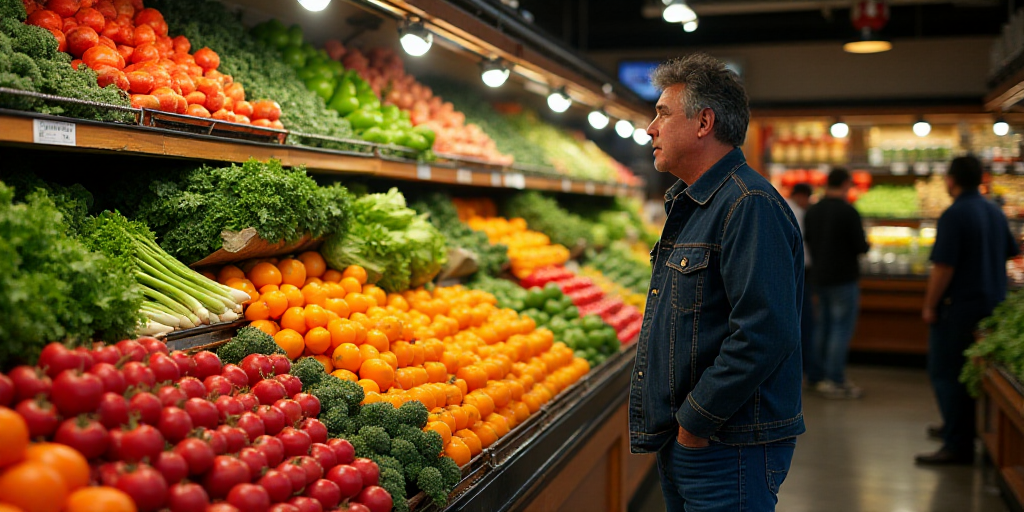 a man standing in front of a display of vegetables and fruits in a store with people looking at it,