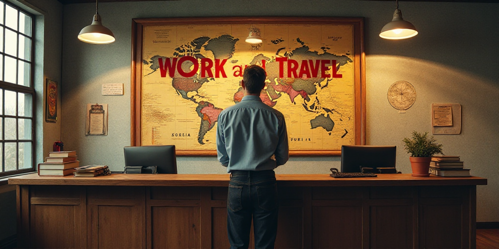 a man standing in front of a desk with a sign on it that says america's work and travel, Americo Mak