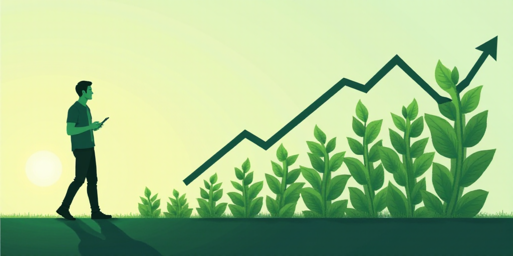 a man standing in front of a growing plant with dollar signs on it and a graph up arrow above it, An