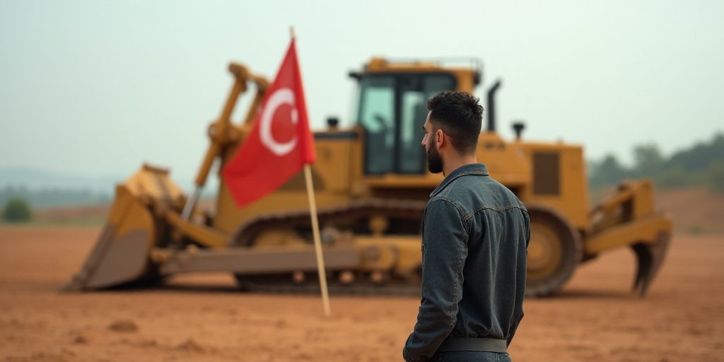 a man standing in front of a large machine in a dirt field with a flag in his hand and a bulldozer b