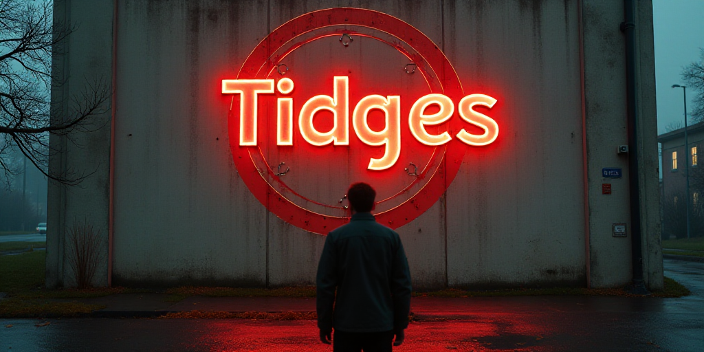 a man standing in front of a logo for a company that sells tidges on the wall of a building, Charles