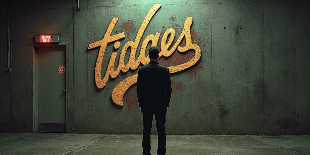 a man standing in front of a logo for a company that sells tidges on the wall of a building, Charles