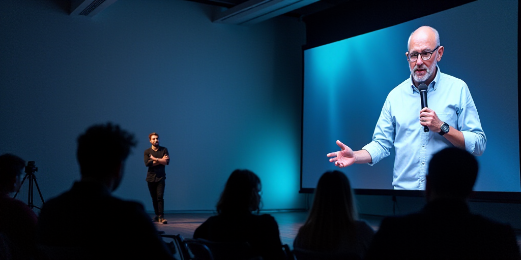 a man standing in front of a large screen with a microphone in his hand and a video on the wall, Edi