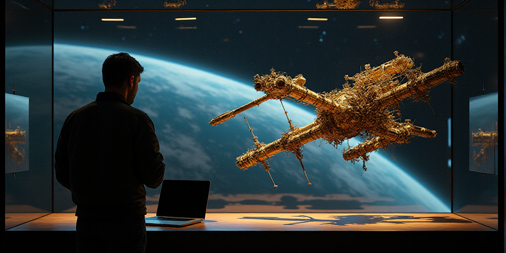 a man standing in front of a laptop computer on a table next to a space station display case with a