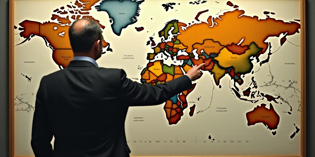 a man standing in front of a map of the world pointing to it with his finger to the side, Amédée O