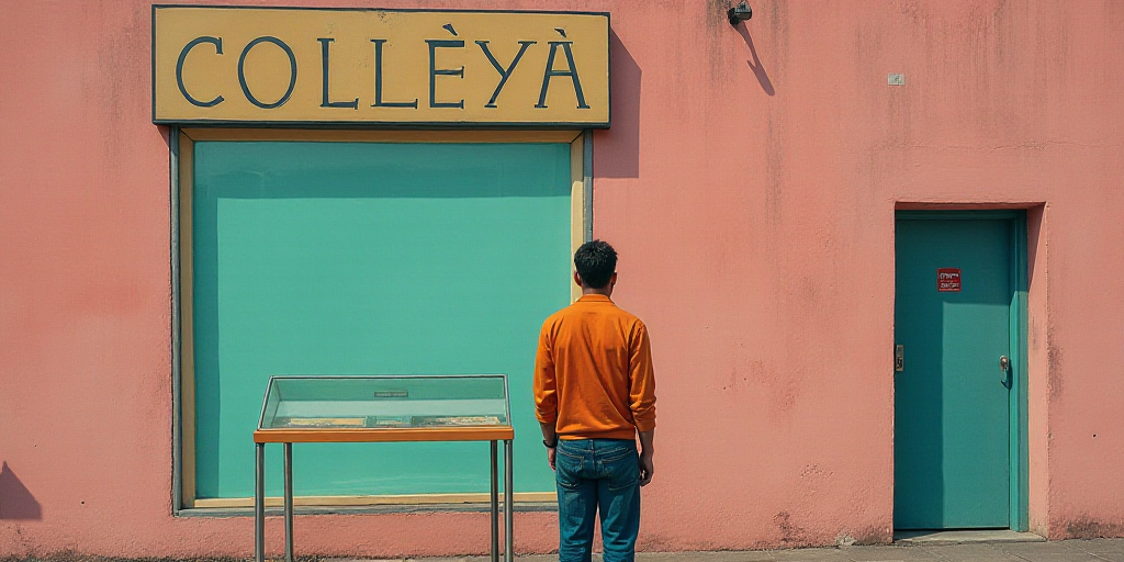 a man standing in front of a sign that says conleya on it and a glass case in front of it, Eduardo L