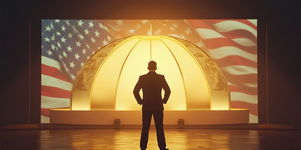 a man standing in front of a screen with a flag on it and a sign that says golden dome for america,