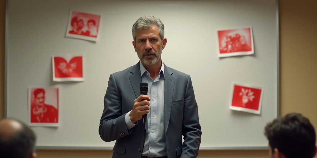 a man standing in front of a white board with red and white pictures on it and a microphone in his h