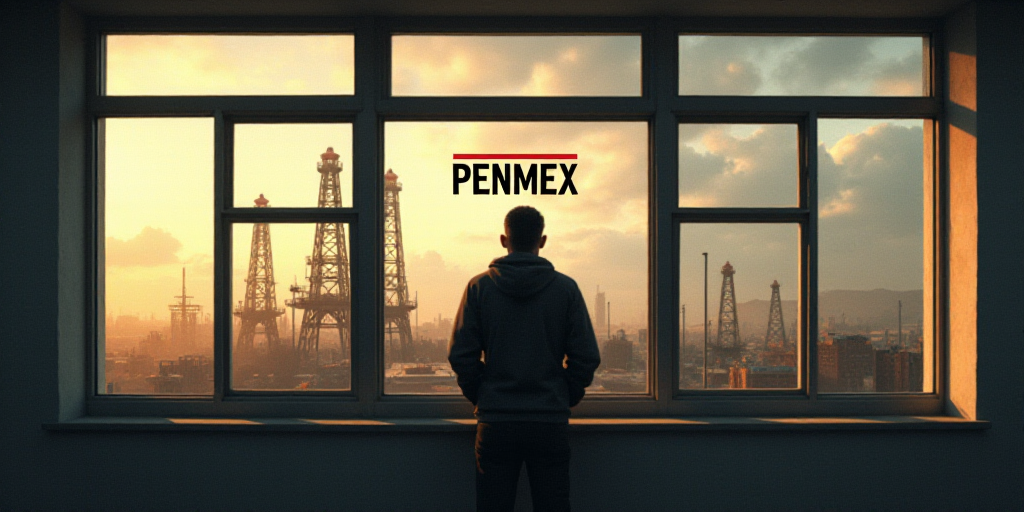 a man standing in front of a window with a penmex logo on it and a building in the background, Féli