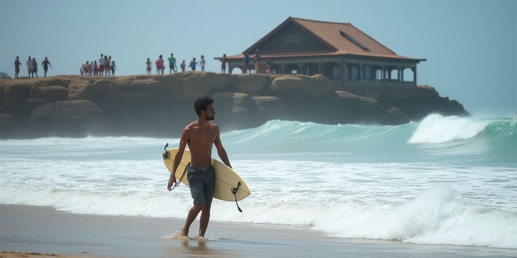 a man standing in the ocean with a surfboard in his hand and a building in the background with peopl