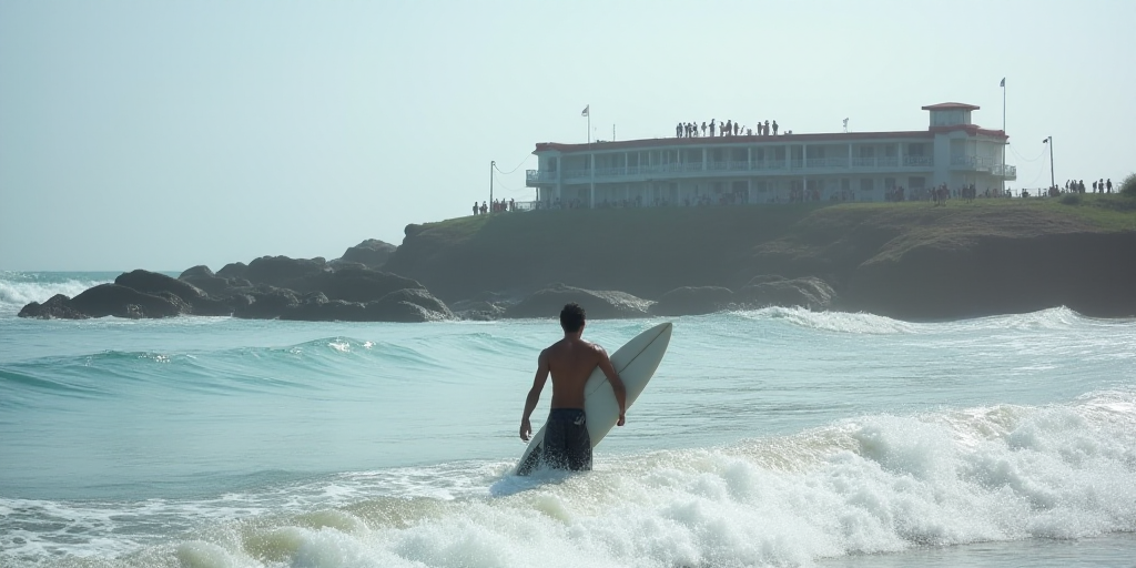 a man standing in the ocean with a surfboard in his hand and a building in the background with peopl