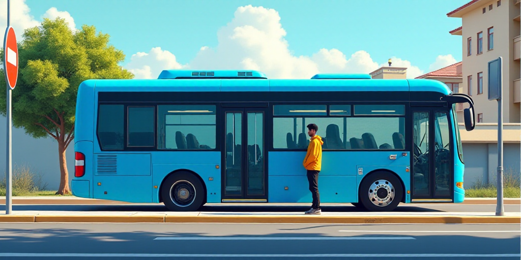 a man standing next to a blue bus at a bus stop with a man standing next to it and a bus, Eddie Mend