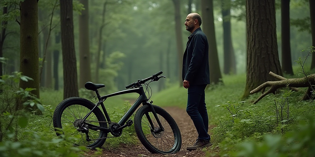 a man standing next to a broken bike in the woods with trees in the background and a forest area, Da