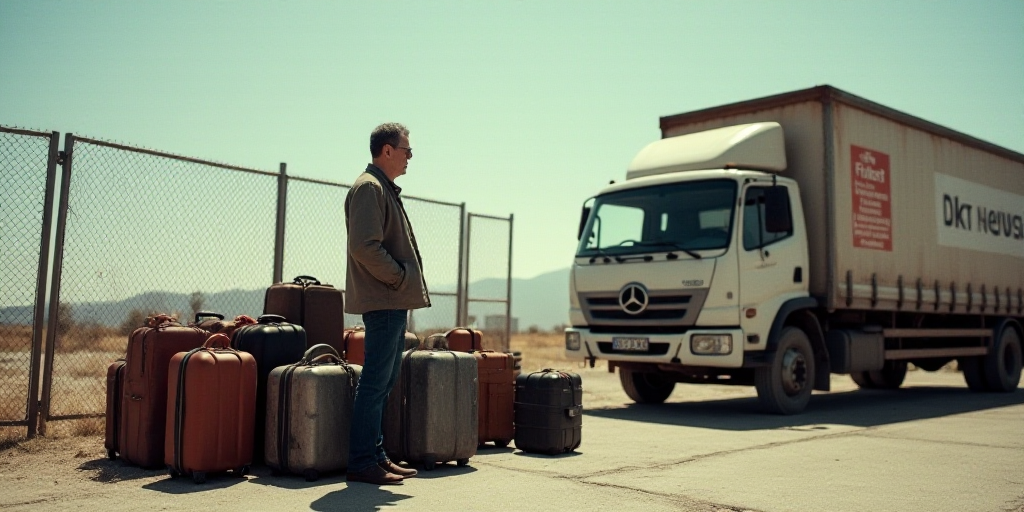 a man standing next to a bunch of luggage bags near a fence and a truck with a sign on it, Fikret Mu