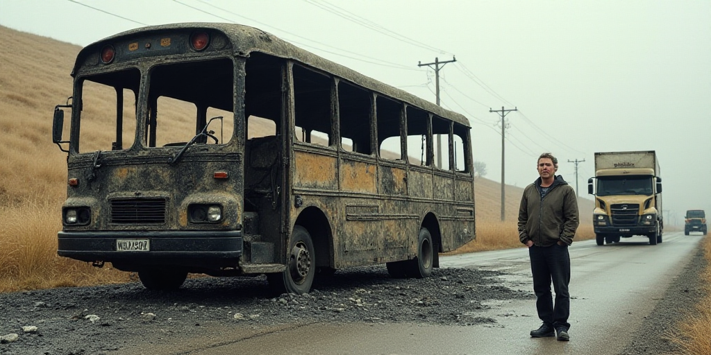 a man standing next to a burned bus on a road with other cars and trucks in the background and a hil