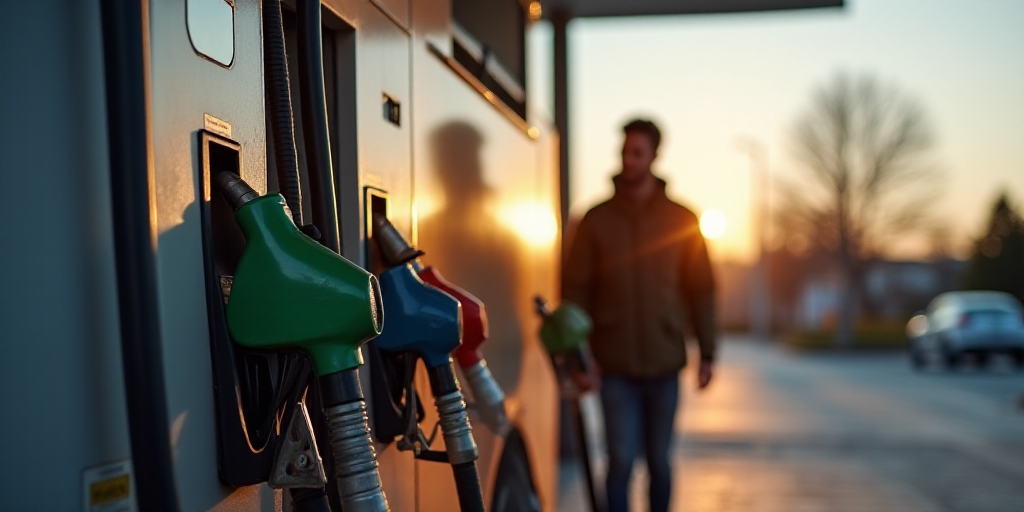 a man standing next to a gas pump with a gas nozzle in front of him and a gas pump in the background