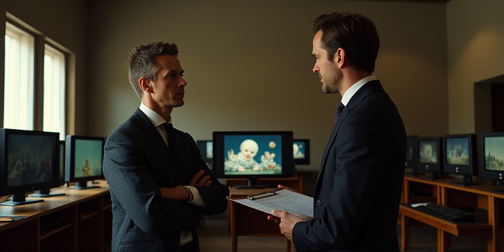 a man standing next to a man in a room with multiple monitors on the wall and a man holding a clipbo