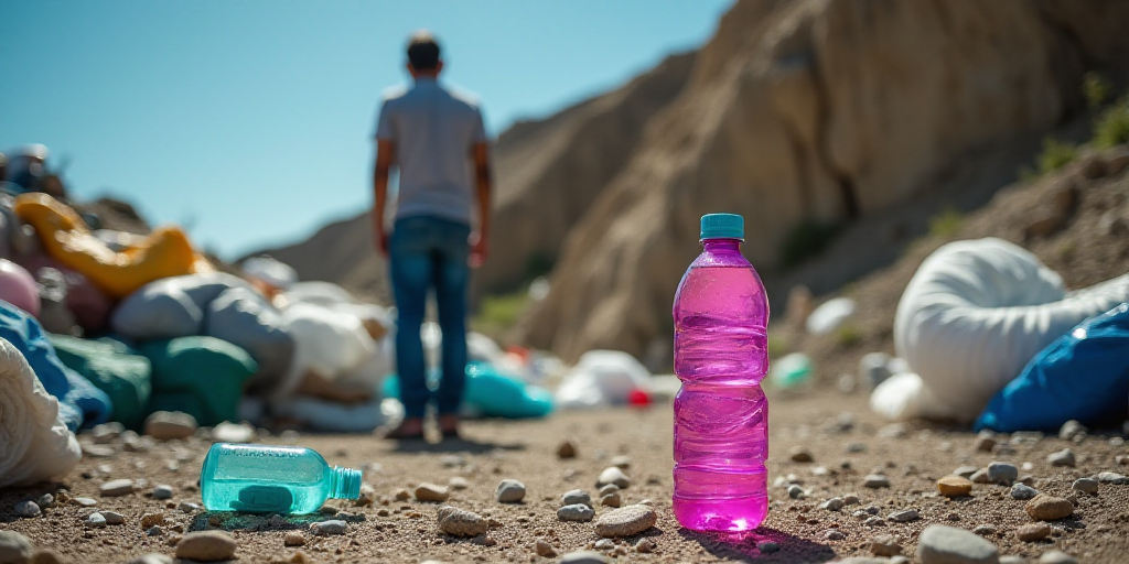 a man standing next to a pile of trash and a bottle of water and a pink and blue water bottle, Aquir