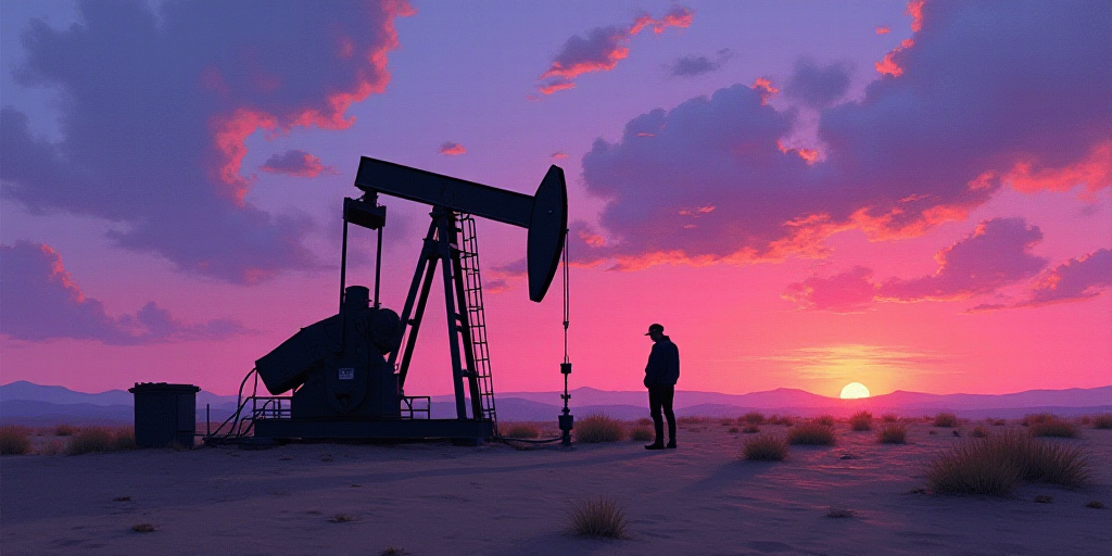 a man standing next to a pump in the desert at sunset with a purple sky behind him and a purple and
