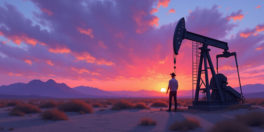 a man standing next to a pump in the desert at sunset with a purple sky behind him and a purple and