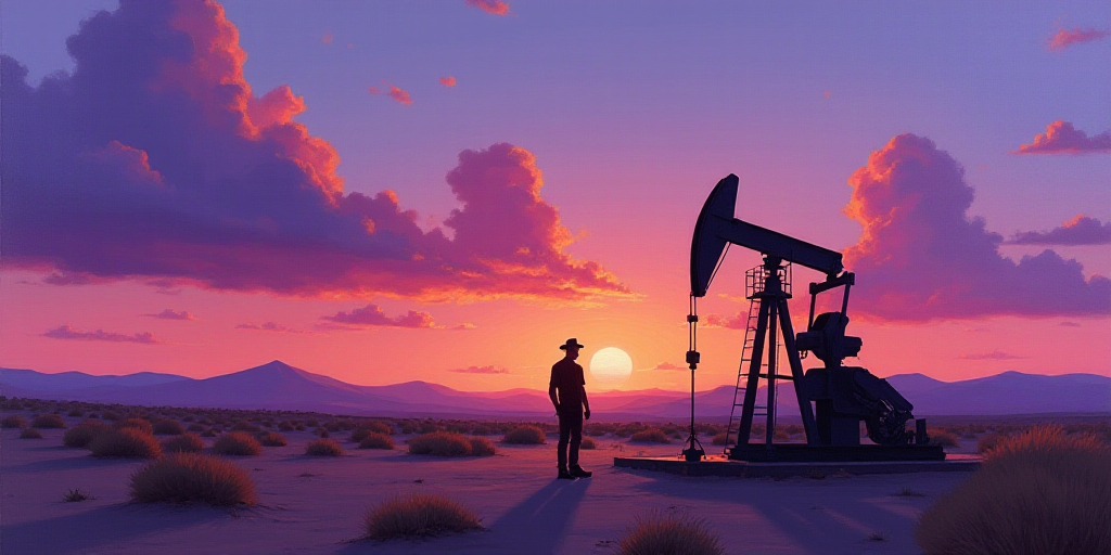 a man standing next to a pump in the desert at sunset with a purple sky behind him and a purple and