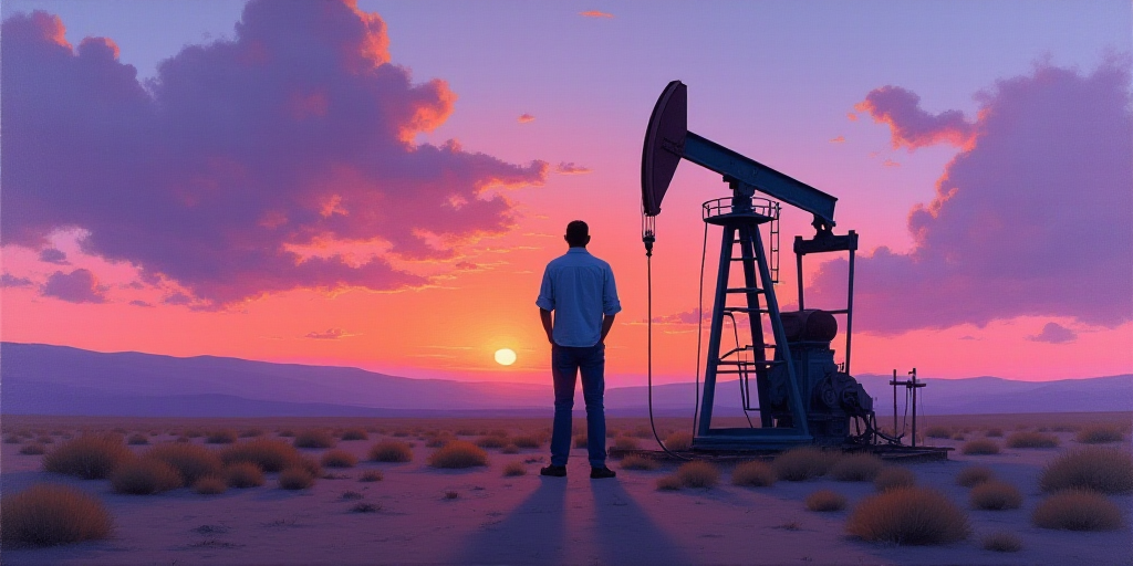 a man standing next to a pump in the desert at sunset with a purple sky behind him and a purple and
