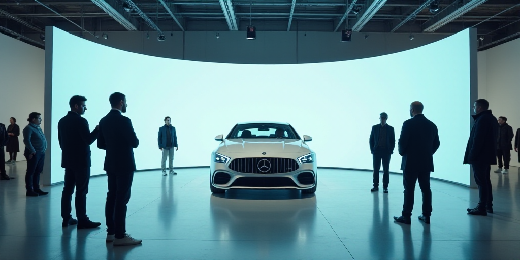a man standing next to a white car with a large screen behind it and people standing around it in a