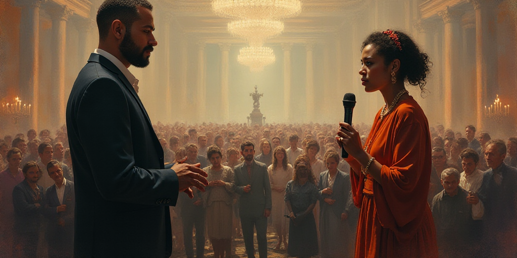 a man standing next to a woman holding a microphone in front of a crowd of people in a room, Edward