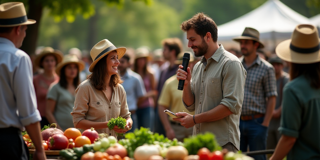 a man standing next to a woman in a crowd of people wearing hats and holding a microphone in front o