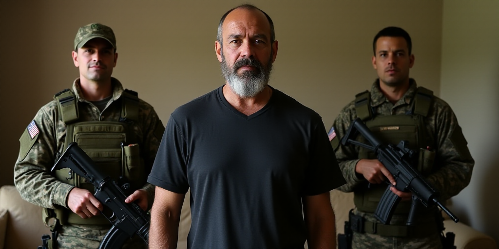 a man standing next to two men in military gear and holding guns in their hands and a couch in the b