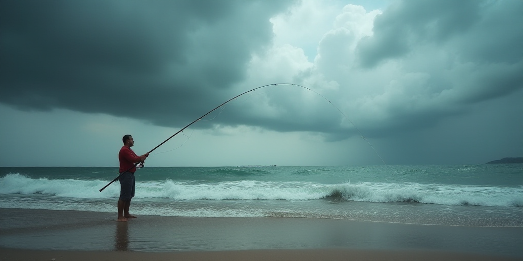 a man standing on a beach holding a fishing pole and fishing pole in his hands while fishing in the
