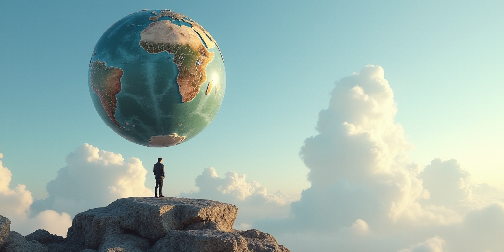 a man standing on a rock with a large earth in the air above him and a sky background with clouds, C