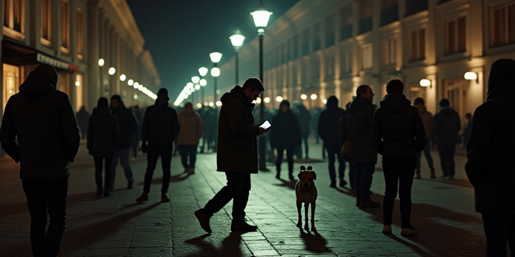a man standing on a sidewalk with a dog and a cell phone in his hand while people stand around, Edi