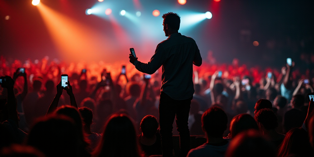a man standing on a stage in front of a crowd of people with cell phones in his hand and a microphon