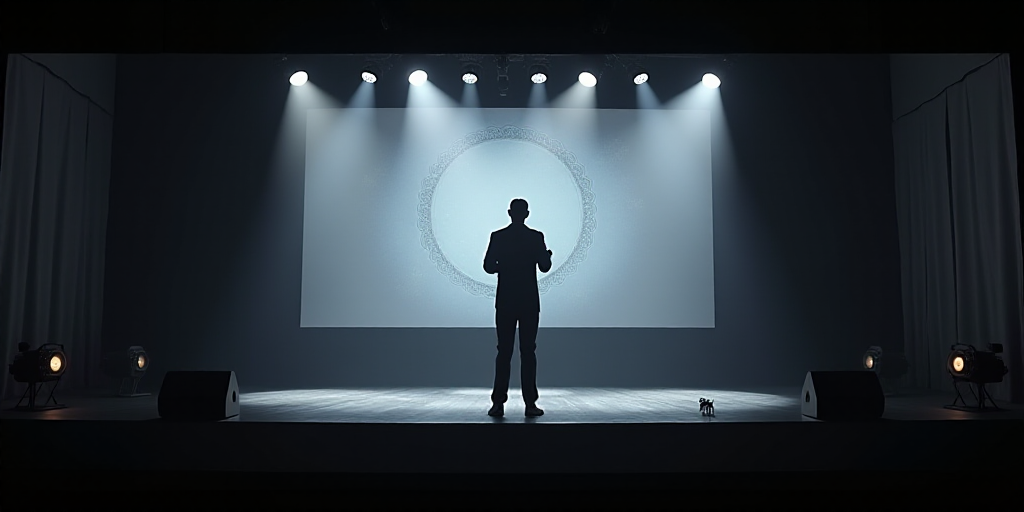 a man standing on a stage with a microphone in his hand and a large screen behind him that is suspen