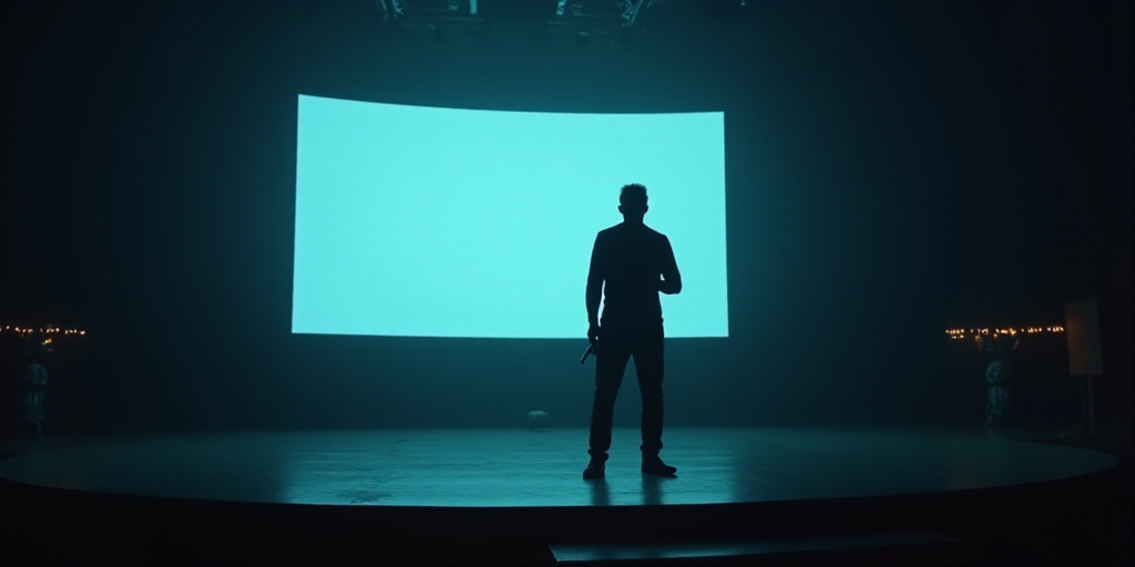 a man standing on a stage with a microphone in his hand and a large screen behind him that is suspen