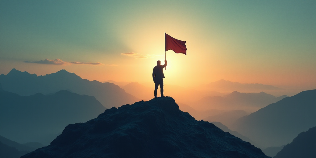 a man standing on top of a mountain holding a flag in his hand and a light shining on him, Bourgeois