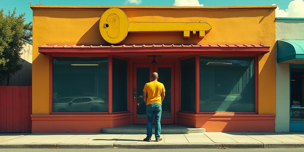 a man standing outside of a store with a large yellow key on the front of it's building, Carlos Berl