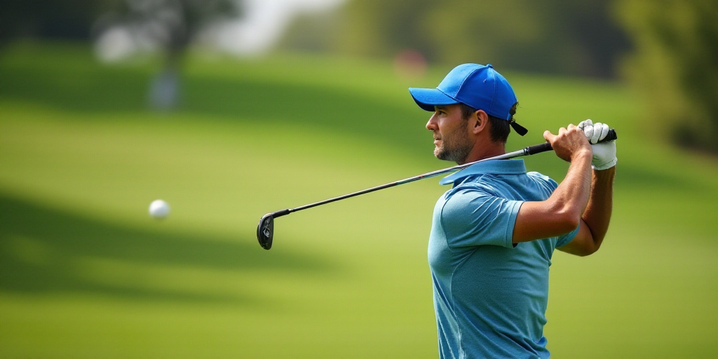 a man swinging a golf club on a green course with grass in the background and a blue hat on, Eric Di