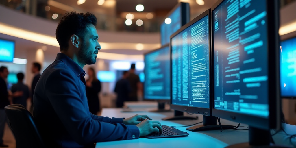a man talking to another man in front of a computer screen at a trade show in a mall or mall, Andrie