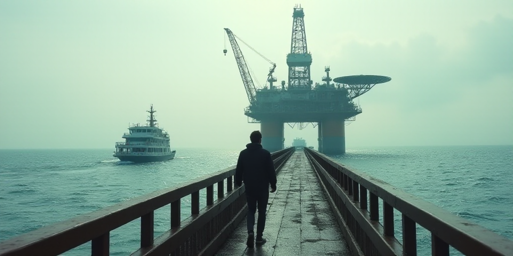 a man walking down a bridge next to a large oil rig in the ocean with a boat in the background, Cons