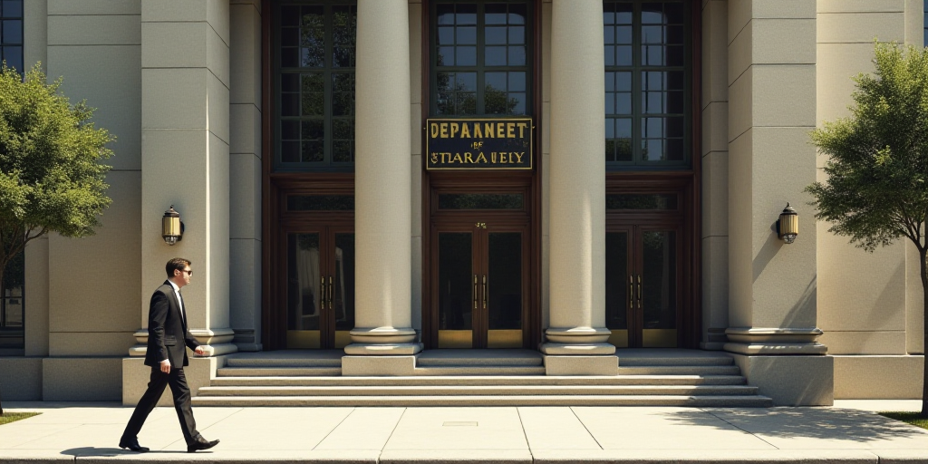 a man walking down a sidewalk past a building with a sign on it that says the department of the trea