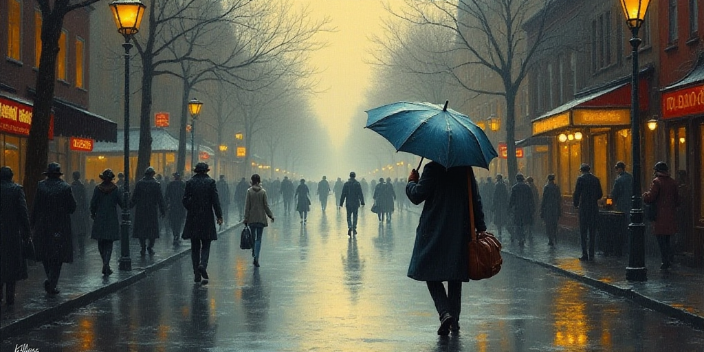 a man walking down a street holding an umbrella in the rain with a bag on his shoulder and a bag on