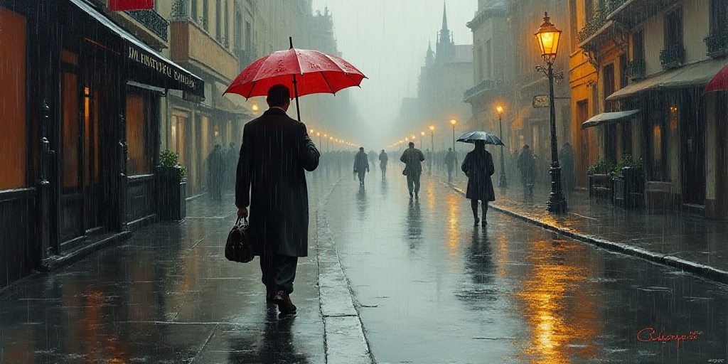 a man walking down a street holding an umbrella in the rain with a bag on his shoulder and a bag on