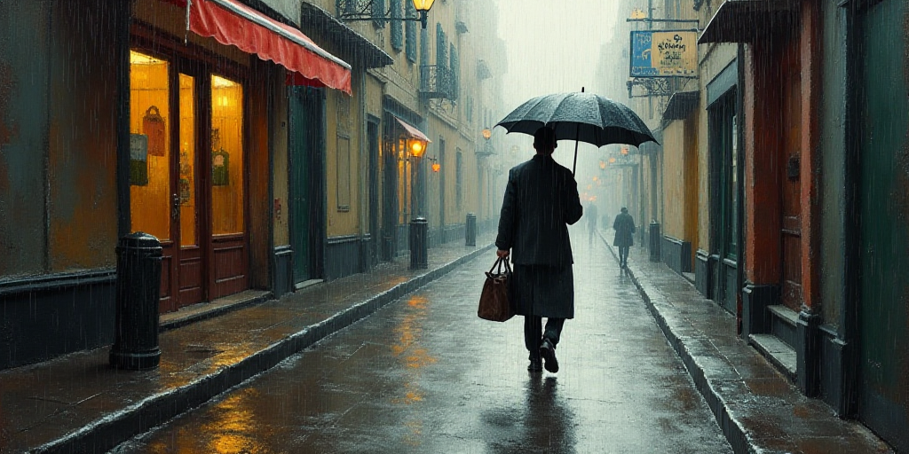 a man walking down a street holding an umbrella in the rain with a bag on his shoulder and a bag on