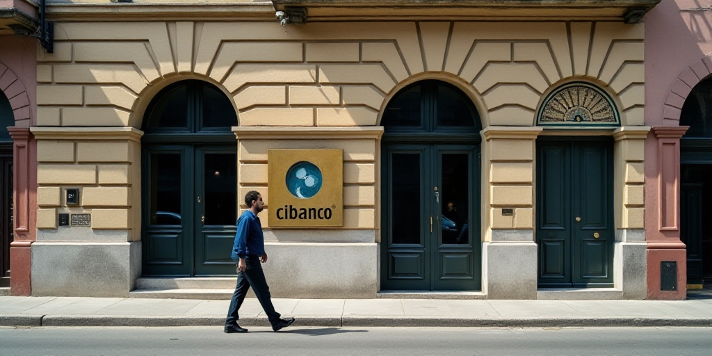 a man walking down a street past a bank building with a sign on it's side that says cibanco, Carlos