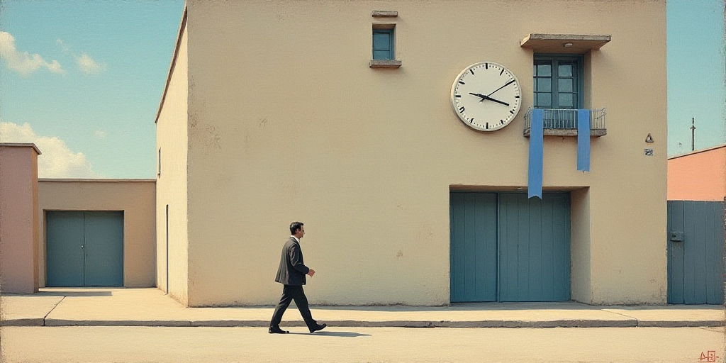 a man walking past a building with a clock on it's side and a blue ribbon hanging from the top of th
