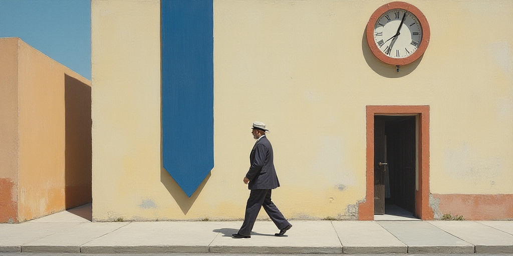 a man walking past a building with a clock on it's side and a blue ribbon hanging from the top of th