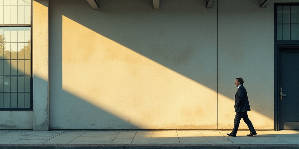 a man walking past a building with a logo on it's side wall and a light reflecting off the side of t