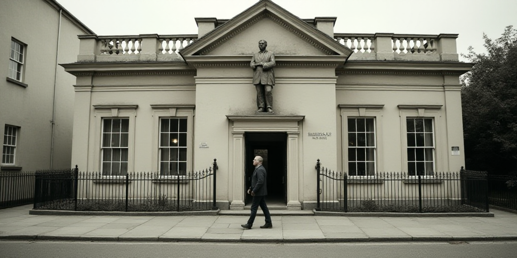a man walking past a building with a statue of a man on it's side and a fence around it, Evelyn Abel